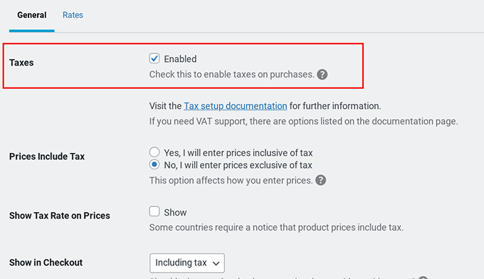 Easy Digital Downloads tax settings