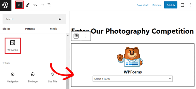 找到并添加 WPForms 块